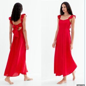 [Oysho] Long linen dress, tie back, ruffle shoulder